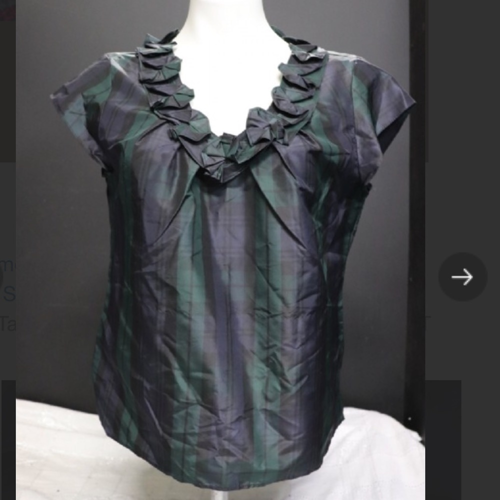 NWT Talbots Green & Navy Silk Plaid Ruffle Blouse